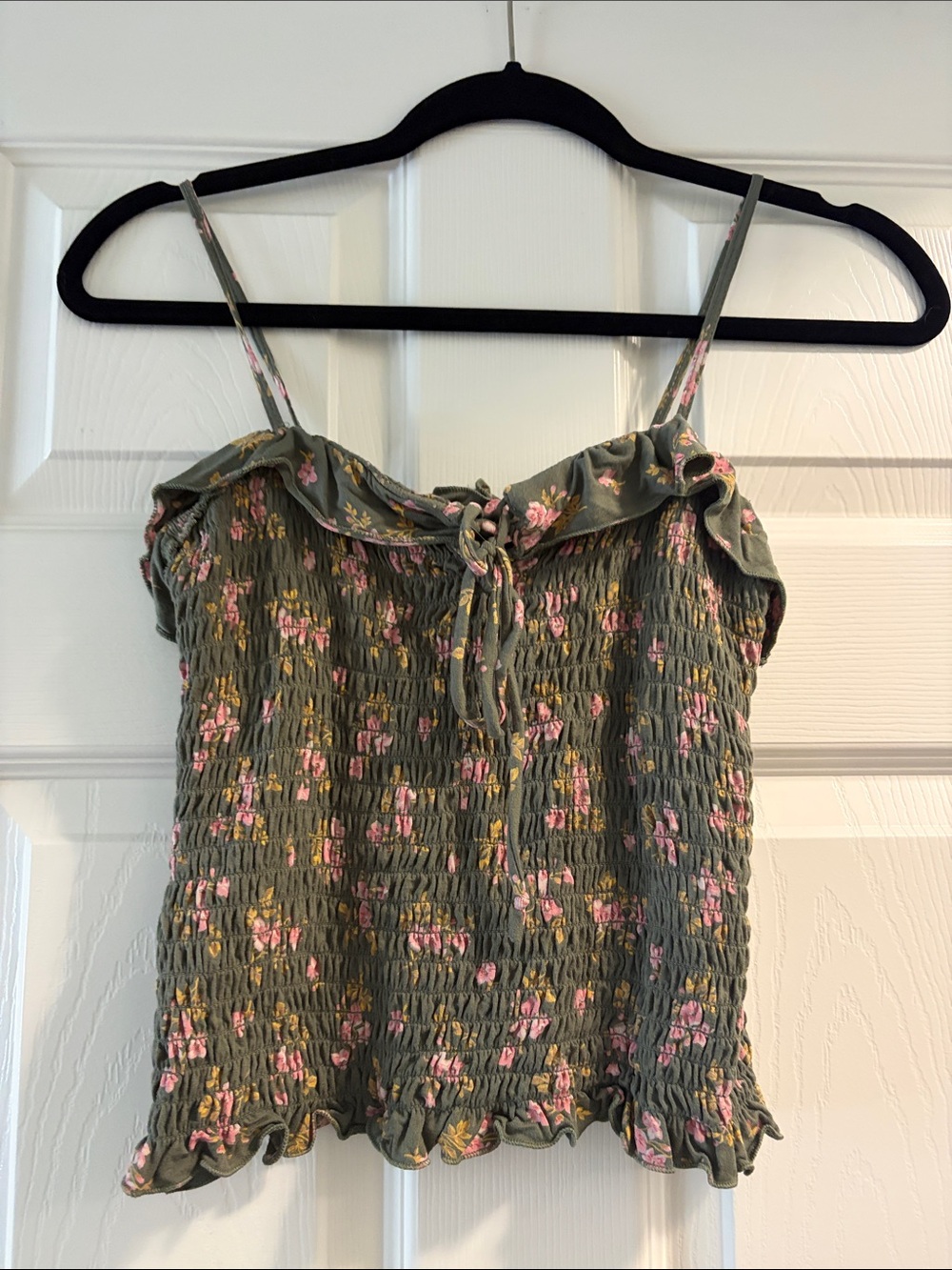 Vintage American Eagle Olive Green Floral Smocked Cami Top